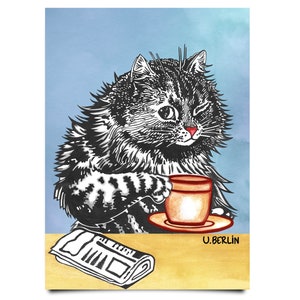 Cat Drinking Coffee Art Print | Funny Cat Lover A2 Wall Art | Colorful Original Poster Vintage Illustration