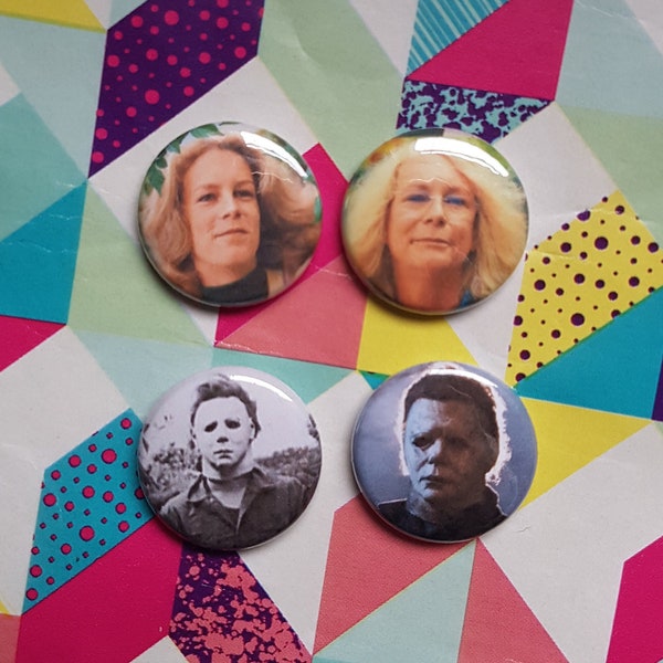 HALLOWEEN movie then and now michael myers, laurie strode, one inch pins or magnets set of 4, keychain, zipper pull, cult classic horror