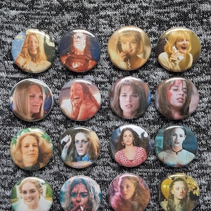 women of horror movies before and after, one inch pins or magnets sets, horror lovers, stephen king, final girls, movie lovers