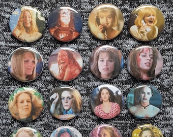 women of horror movies before and after, one inch pins or magnets sets, horror lovers, stephen king, final girls, movie lovers