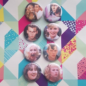 Cry baby movie gang one inch pin or magnet set of 8, john waters, 90s movies, cult classic dark comedy musical