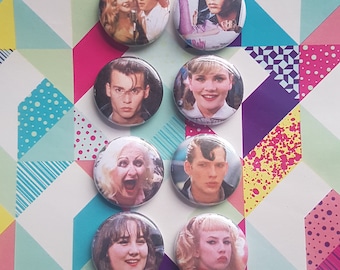 Cry baby movie gang one inch pin or magnet set of 8, john waters, 90s movies, cult classic dark comedy musical