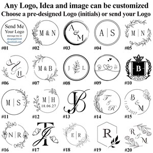 May include: A collection of twenty black and white circular logo designs featuring initials, dates, and botanical illustrations. The text reads: Any Logo, Idea and image can be customized. Choose a pre-designed Logo (initials) or send your Logo.