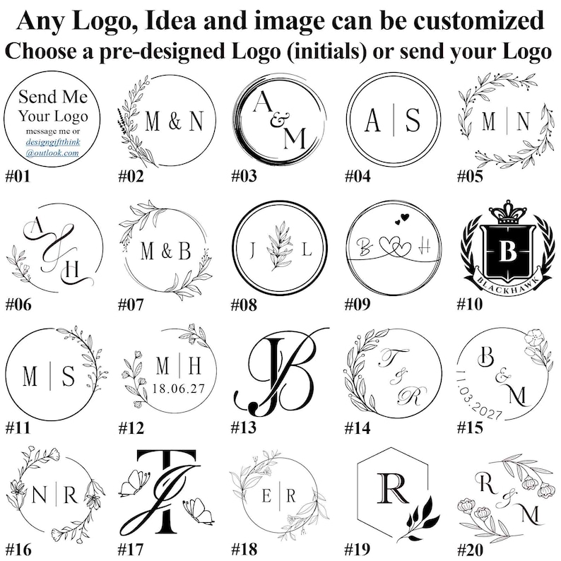May include: A collection of twenty black and white circular logo designs featuring initials, dates, and botanical illustrations. The text reads: Any Logo, Idea and image can be customized. Choose a pre-designed Logo (initials) or send your Logo.