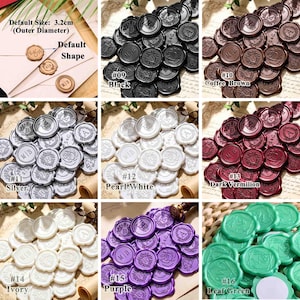 May include: A collection of circular wax seals in various colors including black, coffee brown, silver, pearl white, dark vermilion, ivory, purple, and leaf green. Each seal features embossed monograms or floral designs with a 3.2cm outer diameter.
