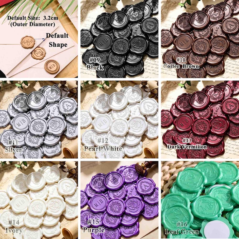 May include: A collection of circular wax seals in various colors including black, coffee brown, silver, pearl white, dark vermilion, ivory, purple, and leaf green. Each seal features embossed monograms or floral designs with a 3.2cm outer diameter.
