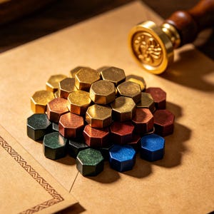 May include: A selection of metallic wax seal beads in various colours, including gold, bronze, red, green, and blue. A gold seal stamp with a wooden handle is placed on brown paper, suitable for stationery or craft projects.