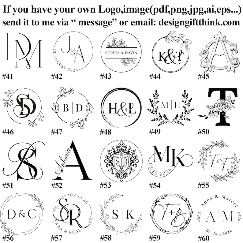 May include: A collection of twenty black and white circular and monogram logo designs numbered 41 through 60. Each design features unique combinations of initials, floral accents, dates, and decorative borders for custom branding and personalization.
