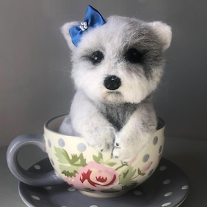 hand made needle felted puppy in a tea cup