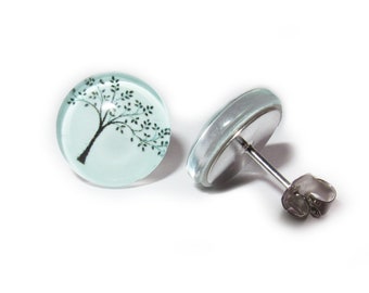 925er Sterling Silber Ohrringe "Baum" 12mm mit Cabochon | Echt Silber Ohrstecker mit Butterfly-Verschluss