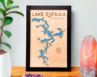 May include: A framed wooden map of Lake Eufaula, with the lake's outline cut out to reveal a blue background. The text "Lake Eufaula Established 1964" is at the top. A compass rose is etched below the lake's shape. The lake area is 102,000 acres, and the deepest point is 87 feet.