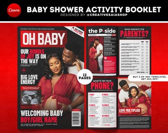 May include: A 12-page baby shower activity booklet featuring a magazine-style cover with a pregnant person and partner, titled OH BABY. Includes pages for Who Knows The Parents, What's On Your Phone, and Love Multiplied with red and black text.