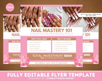 Puede incluir: Una plantilla de folleto rosa y marrón titulada NAIL MASTERY 101 MASTERCLASS FOR PROFESSIONAL RESULTS. Incluye imágenes de uñas manicuradas, enumera contenidos del curso como preparación de uñas y aplicación de tips, e indica una inversión de $600.