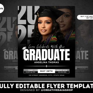 May include: A graduation party flyer template featuring a portrait of a graduate in a cap and gown. The text reads Come Celebrate With Our GRADUATE, ANGELINA THOMAS, MAY 26TH, STARTS @ 1PM, RSVP MOM 123.456.7890, and 123 STREET ADDRESS, CITY, STATE 12345.