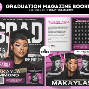 May include: An 8-page graduation magazine booklet template featuring a black and white cover with a portrait of a graduate in a cap and gown, text including GRAD, MAKAYLA SIMMONS, and INSPIRING THE FUTURE, plus interior pages with a word search.