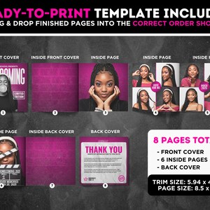 May include: A digital template for an 8-page homecoming booklet featuring a front cover, six inside pages, and a back cover. The design uses a magenta and black color scheme with photos of a person, text overlays, and a trim size of 5.94 x 4.63 inches.