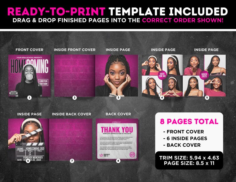 May include: A digital template for an 8-page homecoming booklet featuring a front cover, six inside pages, and a back cover. The design uses a magenta and black color scheme with photos of a person, text overlays, and a trim size of 5.94 x 4.63 inches.
