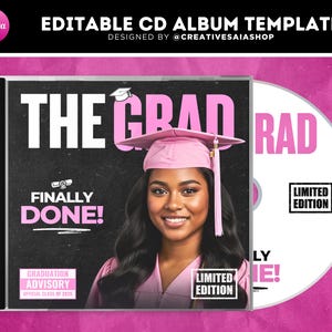 Könnte beinhalten: CD-Albumvorlage zum Thema Abschlussfeier mit schwarzem und rosa Design. Das Cover zeigt eine Person mit rosa Abschlusskappe. Der Text enthält "THE GRAD", "FINALLY DONE!" und "LIMITED EDITION."