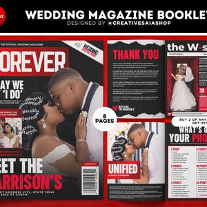 May include: An eight-page wedding magazine booklet template featuring a red, black, and white color scheme. The cover displays the title FOREVER, text reading MEET THE HARRISON'S, and a couple kissing. Interior pages include a thank you note and games.