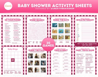 Peut inclure: Une collection de feuilles d'activités pour baby shower à carreaux roses et blancs comprenant divers jeux comme le Bingo, des mots mêlés, un Pictionary d'emojis et des quiz. Le texte inclut des titres comme Baby Shower What's On Your Phone.