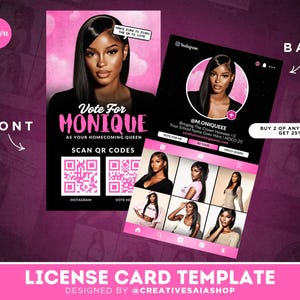 May include: A digital homecoming queen campaign flyer template featuring a pink background with hearts, a portrait of a person, and the text Vote For MONIQUE. The design includes two QR codes, an Instagram profile mockup, and a grid of photos.