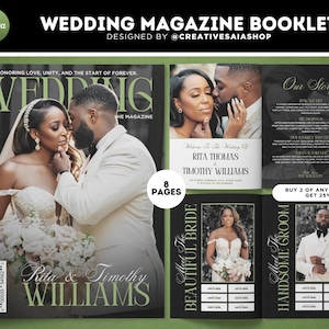 May include: An 8-page wedding magazine booklet template featuring a cover with a couple, interior pages with text sections titled Our Story, Meet The Beautiful Bride, and Meet The Handsome Groom, and a barcode on the front cover.