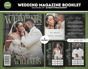 May include: An 8-page wedding magazine booklet template featuring a cover with a couple, interior pages with text sections titled Our Story, Meet The Beautiful Bride, and Meet The Handsome Groom, and a barcode on the front cover.
