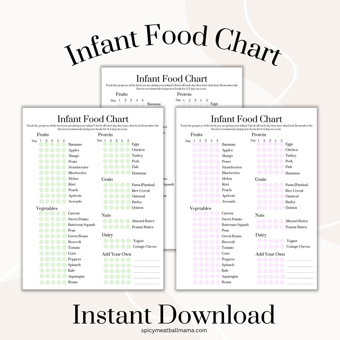Infant Food Chart, Baby's First Foods, Infant First Foods, Instant PDF