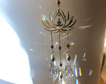 Lotus with Meditating Buddha Crystal Sun Catcher with 24k Gold plates chains