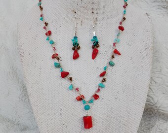 Coral and Turquoise Crocheted Necklace and Earrings Set