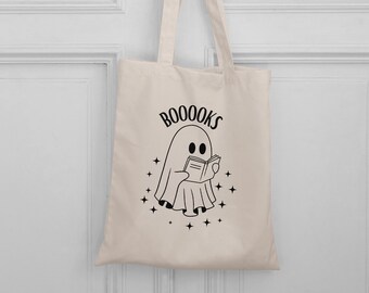 Ghost Books Bookish Halloween Canvas Tote Bag Sticky Society