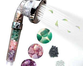 Shower head 7 chakras natural stones, shower head with stop button for water saving, anti-limescale and water impurities.