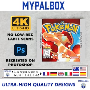 Puede incluir: Una caja de cartucho de videojuego roja y blanca con el texto "Pokemon" en blanco. La caja presenta una criatura de tipo dragón roja y naranja con una llama amarilla. La caja está etiquetada "DMG-APAE-USA" y tiene una clasificación "Para todos" de la ESRB. La caja también tiene el texto "Nintendo" y "Este lado hacia afuera".