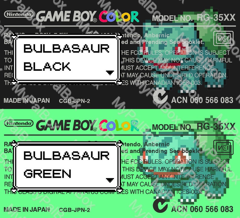 May include: A black and green Game Boy Color game cartridge with a picture of a green Bulbasaur Pokemon on the front. The text "BULBASAUR GREEN" is printed on the front of the cartridge. The text "MODEL NO. RG-35XX" is printed on the top right corner of the cartridge. The text "MADE IN JAPAN CGB-JPN-2" is printed on the bottom of the cartridge.