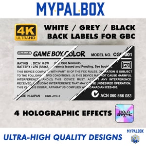 May include: A white, grey, and black Game Boy Color label with the text "GAME BOY COLOR" and "MODEL NO. CGF 001". The label also includes the text "4 HOLOGRAPHIC EFFECTS" and "ULTRA-HIGH QUALITY DESIGNS".