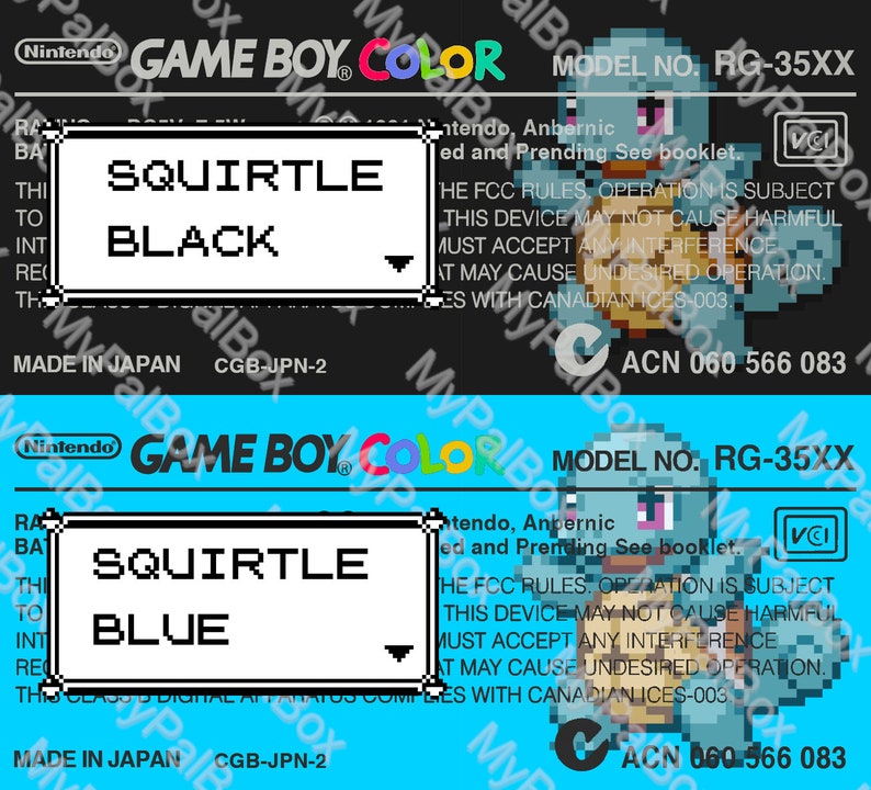 May include: A black and blue Game Boy Color cartridge with a Squirtle design. The cartridge is labeled "Squirtle Black" and "Squirtle Blue". The text "MODEL NO. RG-35XX" is printed on the cartridge.