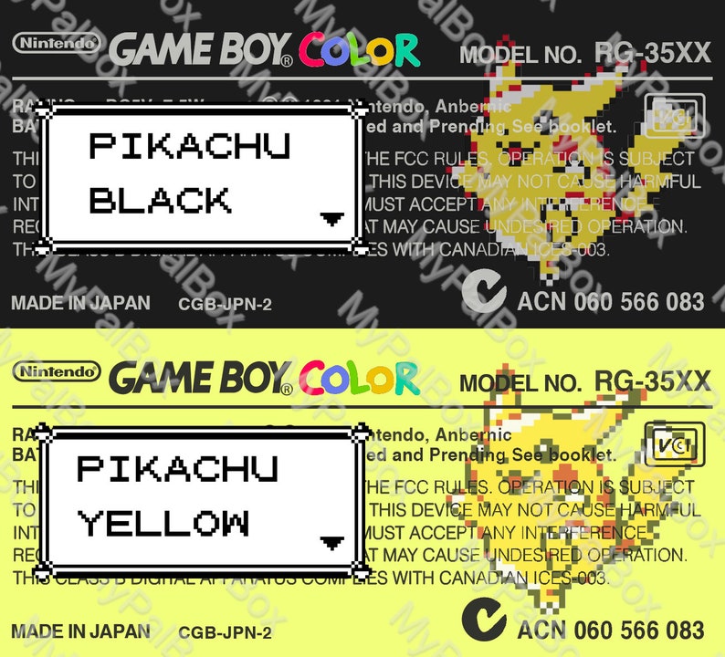 May include: A black and yellow Game Boy Color game cartridge with the text "PIKACHU BLACK" and "PIKACHU YELLOW" on the front. The cartridge is labeled "GAME BOY COLOR" and "MODEL NO. RG-35XX".