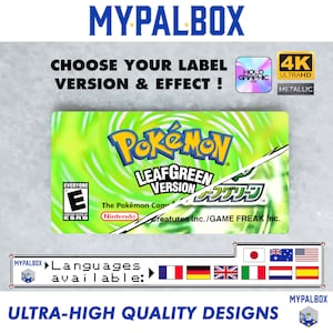 以下が含まれることがあります： ポケモンリーフグリーンバージョンの緑と白のビデオゲームカートリッジラベル。ラベルにはポケモンのロゴとゲームタイトルが記載されています。ラベルは、フランス語、ドイツ語、イタリア語、スペイン語、日本語など、複数の言語で提供されています。ラベルは、4K Ultra HDバージョンとホログラフィックバージョンでも提供されています。