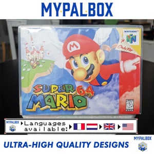 May include: A clear plastic case with a Nintendo 64 game cartridge inside. The game is Super Mario 64. The case has a picture of Mario flying in the sky. The text "Only For" is visible on the case. The text "Languages available" is visible below the case. The text is followed by four flags: French, Dutch, British, and American.