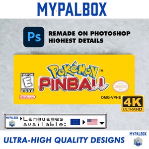 May include: A yellow game cartridge with a red and white Pokemon Pinball logo. The cartridge is labeled with the game title, "Pokemon Pinball", and the game rating, "Everyone". The cartridge is also labeled with the game system, "DMG-VPHE", and the game's official Nintendo seal. The image also includes the text "4K UltraHD" and "Languages available: EU, US".