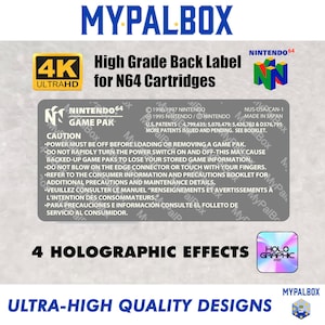 Könnte beinhalten: Ein graues Rücketikett für N64-Cartridges mit dem Text "High Grade Back Label for N64 Cartridges". Das Etikett enthält das Nintendo 64-Logo, ein 4K Ultra HD-Logo und holografische Effekte. Es hat auch einen Vorsichtshinweis.