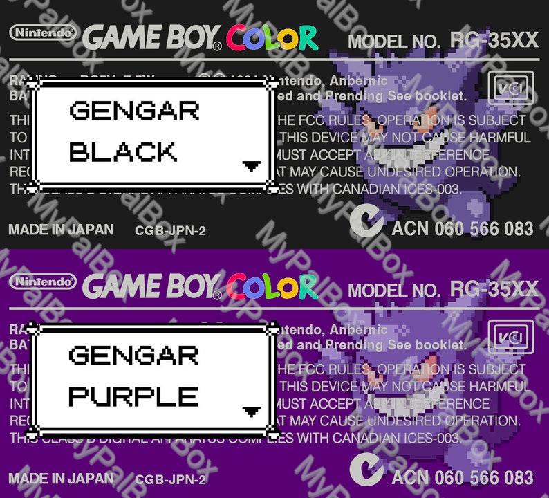 May include: A purple and black Game Boy Color game cartridge with a Gengar character on the front. The text "GENGAR BLACK" and "GENGAR PURPLE" is visible on the cartridge. The cartridge is labeled "GAME BOY COLOR" and "MODEL NO. RG-35XX".