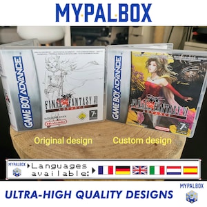 Peut inclure: Deux boîtiers de jeu Game Boy Advance pour Final Fantasy VI. Le boîtier de gauche est le design original avec une illustration en noir et blanc d'un personnage féminin. Le boîtier de droite est un design personnalisé avec une illustration colorée du même personnage féminin. Le texte "GAME BOY ADVANCE" est imprimé sur les deux boîtiers. Le texte "FINAL FANTASY VI" est imprimé sur les deux boîtiers. Le texte "SQUARE ENIX" est imprimé sur le boîtier de design original. Le texte "SQUARE" est imprimé sur le boîtier de design personnalisé. Le texte "Nintendo" est imprimé sur les deux boîtiers. Le texte "7+" est imprimé sur les deux boîtiers. Le texte "Langues disponibles" est imprimé sous les boîtiers. Les drapeaux de la France, de l'Allemagne, du Royaume-Uni, de l'Italie, de l'Autriche et de l'Espagne sont imprimés sous le texte.