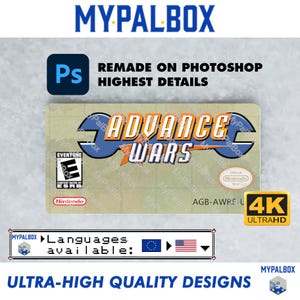 Puede incluir: Un cartucho de videojuego con el título "Advance Wars" en naranja y azul. El cartucho tiene un logotipo de Nintendo y una clasificación ESRB. La imagen también incluye el texto "Remade on Photoshop Highest Details" y "4K Ultra HD".