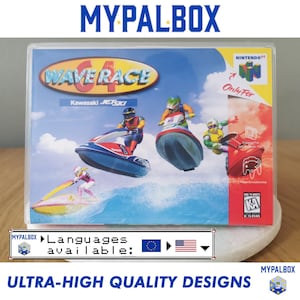 Puede incluir: Caja de videojuego de Nintendo 64 para Wave Race 64, con motos acuáticas compitiendo. La caja tiene el logotipo de Nintendo 64 y el texto "Only For". La caja también tiene el texto "MYPALBOX" y "ULTRA-HIGH QUALITY DESIGNS".