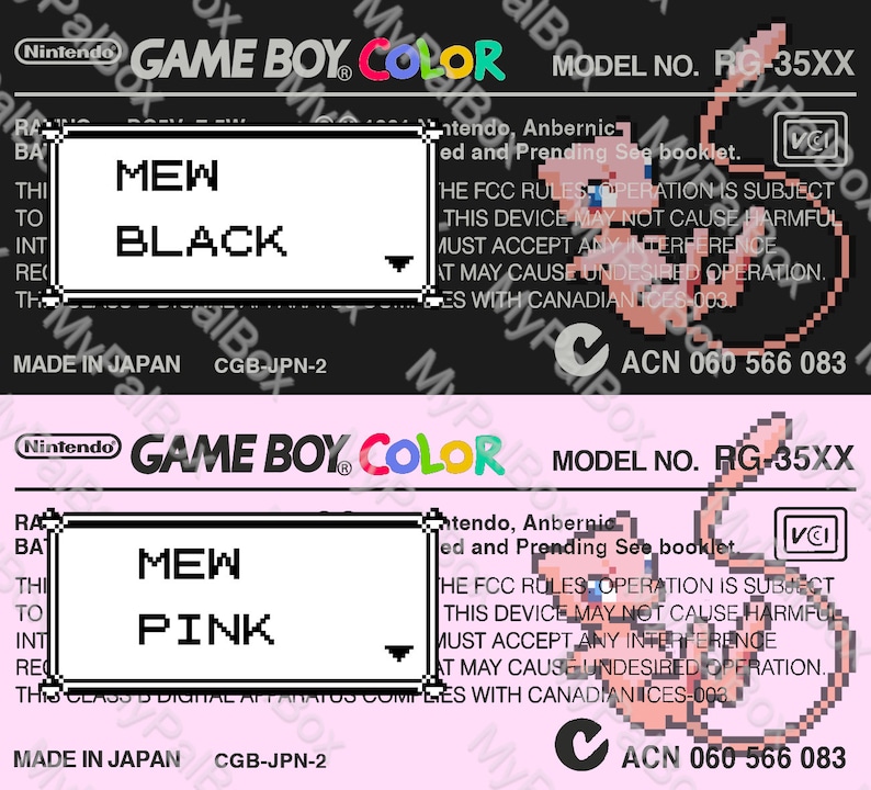 May include: A black and pink Game Boy Color game cartridge with a pink Mew character on the front. The cartridge is labeled "Mew Black" and "Mew Pink" with the model number "RG-35XX".