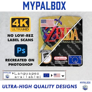 Może przedstawiać: Cyfrowa rekonstrukcja etykiety kartridża do gry The Legend of Zelda Ocarina of Time. Projekt zawiera złote i czarne tło z tytułem gry, tarczą, mieczem, logo Nintendo oraz symbolem klasyfikacji wiekowej Everyone.