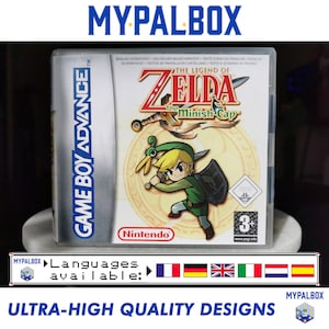 May include: A Game Boy Advance game cartridge for The Legend of Zelda: The Minish Cap. The cartridge is in a clear plastic case with a white label. The label features a cartoon image of Link, the main character from the game, holding a sword and shield. The text "The Legend of Zelda: The Minish Cap" is printed in large, bold letters on the label. The game is rated 3+ by the PEGI rating system.