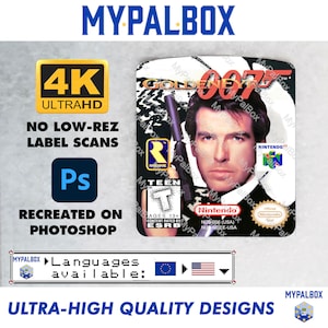 Peut inclure: Une reconstitution en 4K Ultra HD de la jaquette du jeu Nintendo 64 GoldenEye 007. La jaquette présente un gros plan de Pierce Brosnan dans le rôle de James Bond, tenant une arme à feu. La jaquette comprend la classification PEGI 12, le logo Nintendo 64 et le logo Rareware.