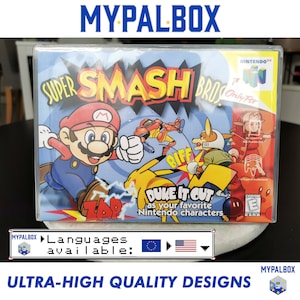Peut inclure: Une cartouche de jeu Nintendo 64 pour Super Smash Bros. Le jeu présente une illustration colorée de Mario, Pikachu et d'autres personnages. Le texte "Duke it out as your favorite Nintendo characters" est imprimé sur la cartouche. Le jeu est disponible en plusieurs langues, dont l'anglais, le français et l'allemand.